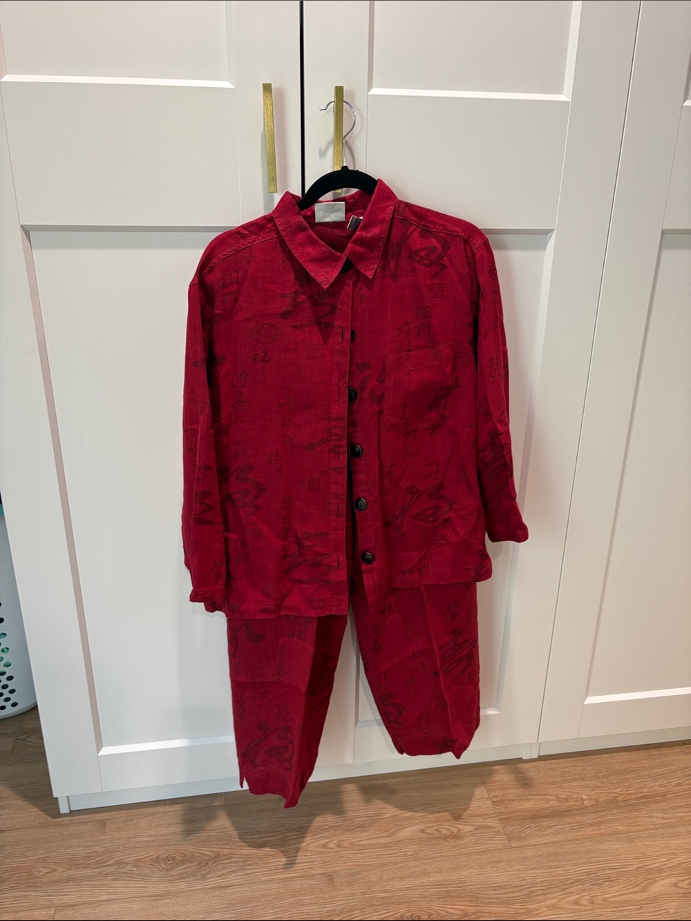 Chico’s Women Red Linen Chinese Pattern Button-Down shirt and Elastic Pants Sz 2
